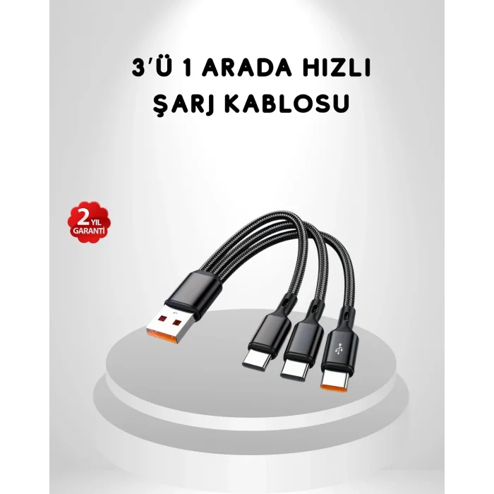 BUĞZ 3’ü 1 Arada Hızlı Şarj Kablosu iOS Android Type-C Uyumlu ve Dayanıklı