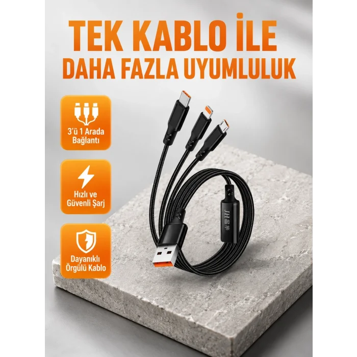 BUĞZ 3’ü 1 Arada Şarj Kablosu Type-C iOS Android Uyumlu Hızlı ve Güvenli Şarj