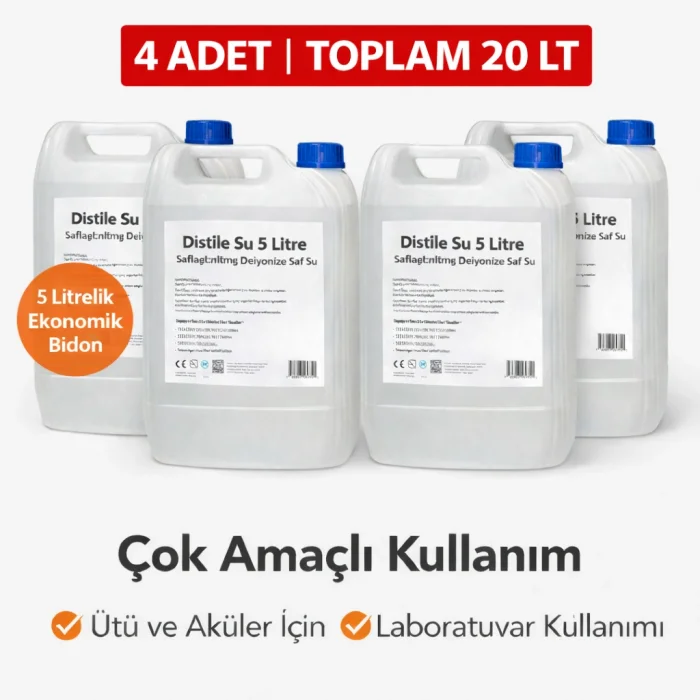 BUĞZ 4 Adet Distile Su 5 Litre Toplam 20 Litre Saflaştırılmış Deiyonize Saf Su Çok Amaçlı Kullanım