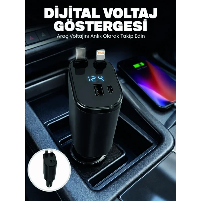 BUĞZ 4 Cihazı Aynı Anda Şarj Eden Araç Şarj Cihazı USB-A, USB-C, Type-C ve Lightning Destekli