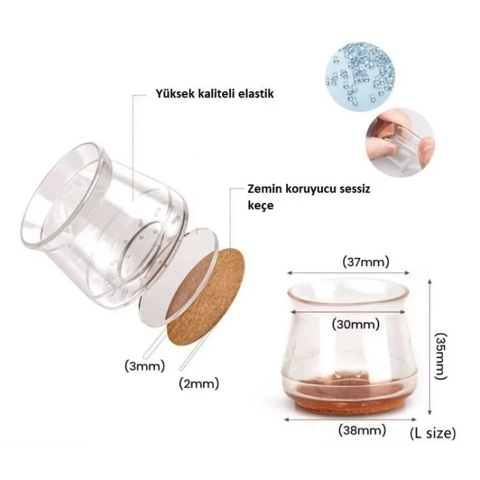 BUĞZ 4lü Keçeli Şeffaf Silikon Sandalye Ayak Koruyucu Seti