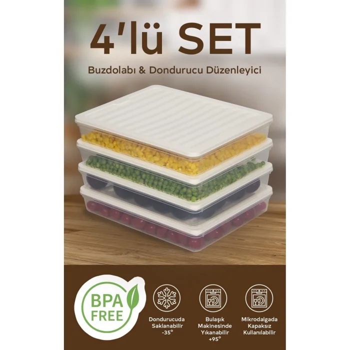  4lü Set 2400 ml Buzdolabı Düzenleyici Buzluk Ve Mikrodalga Saklama Kabı