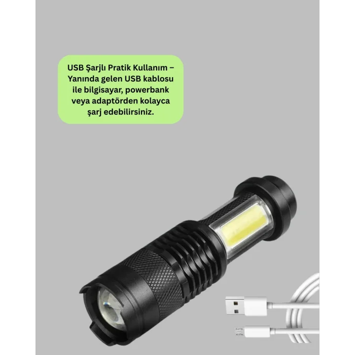 BUĞZ 4 Modlu USB Şarjlı LED El Feneri Kamp ve Outdoor