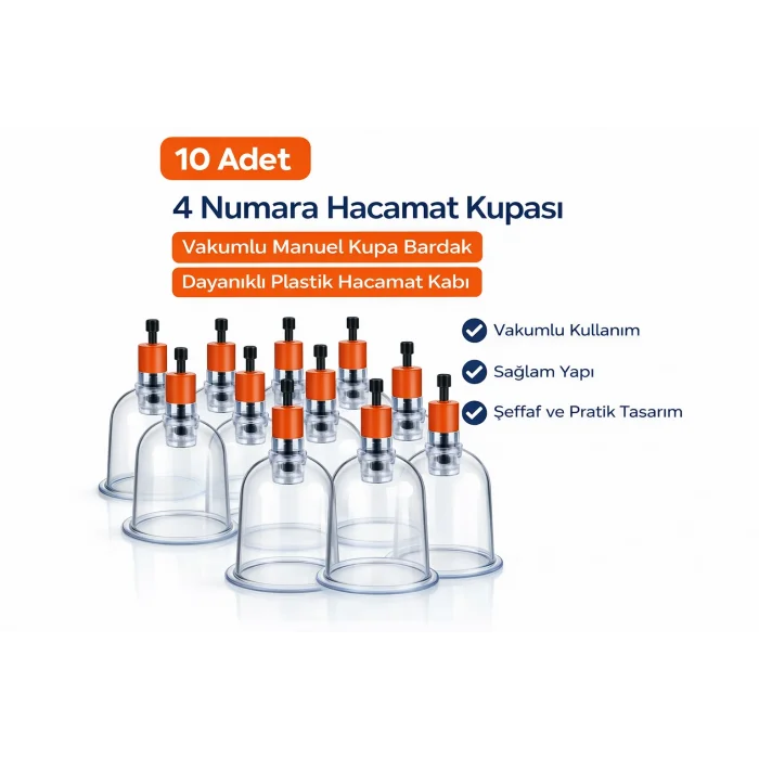 BUĞZ 4 Numara Hacamat Kupası 10 Adet Vakumlu Manuel Kupa Bardak Dayanıklı Plastik Hacamat Kabı