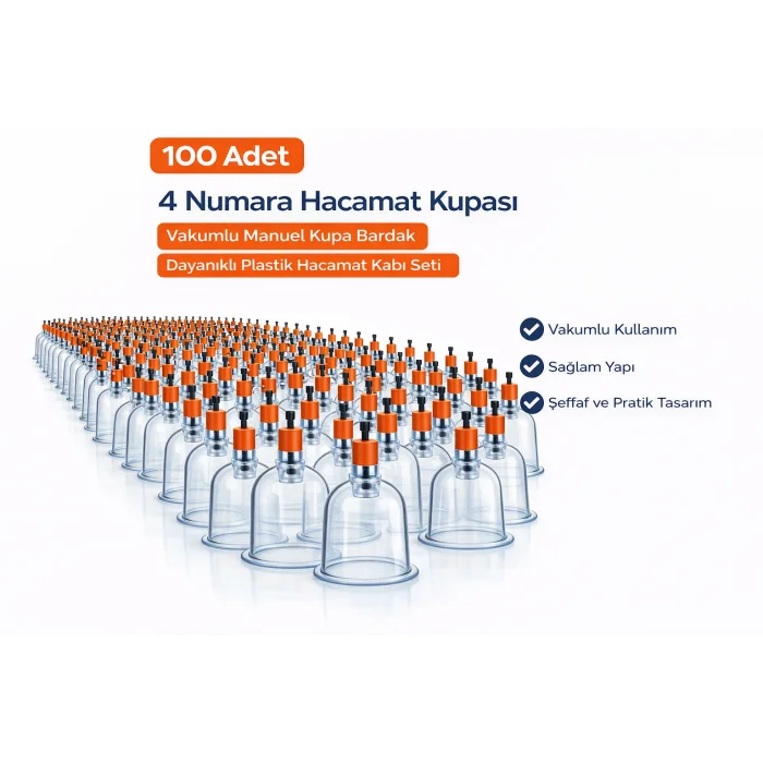 BUĞZ 4 Numara Hacamat Kupası 100 Adet Vakumlu Manuel Kupa Bardak Dayanıklı Plastik Hacamat Kabı