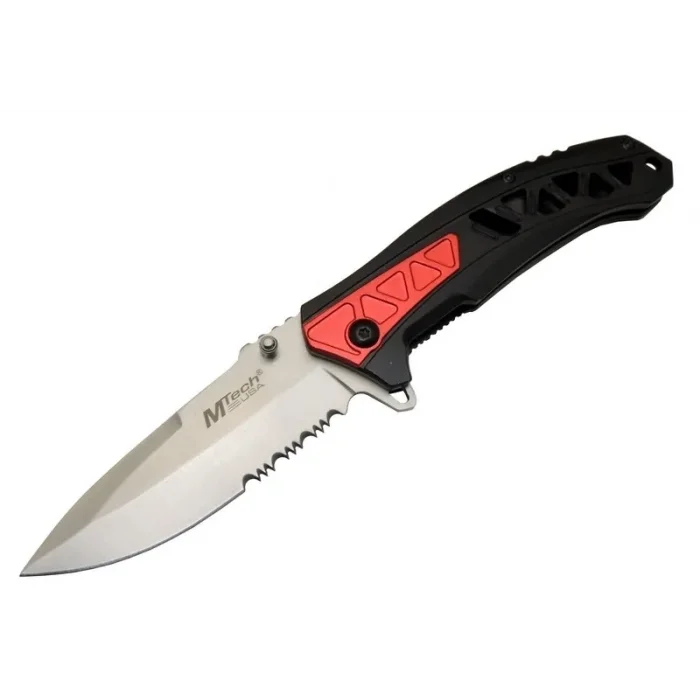 BUĞZ 4192 Kırmızı Kamp Çakı 21cm - Yarı Otomatik, Kemerlikli, Testere Detaylı, Desenli Sap