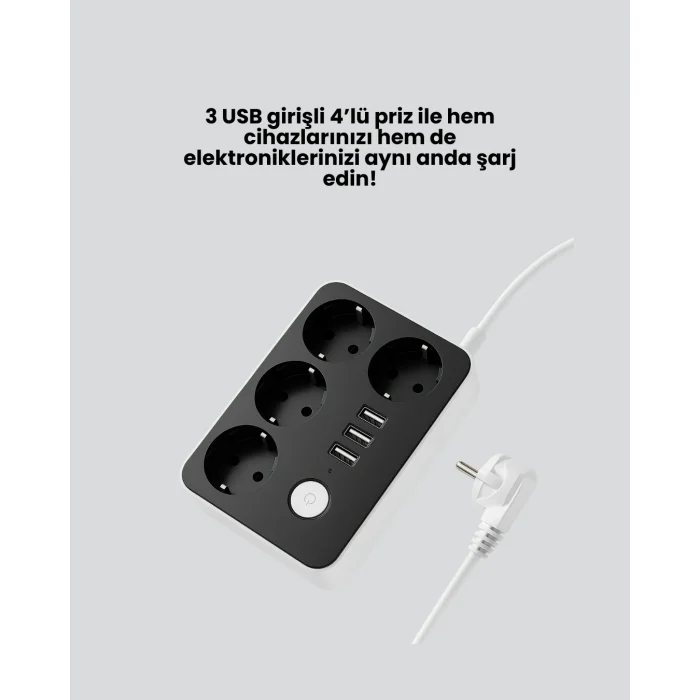 BUĞZ 4.1A Hızlı Şarjlı Akım Korumalı 4 Priz ve 3 USB Çıkışlı Priz - Lisinya
