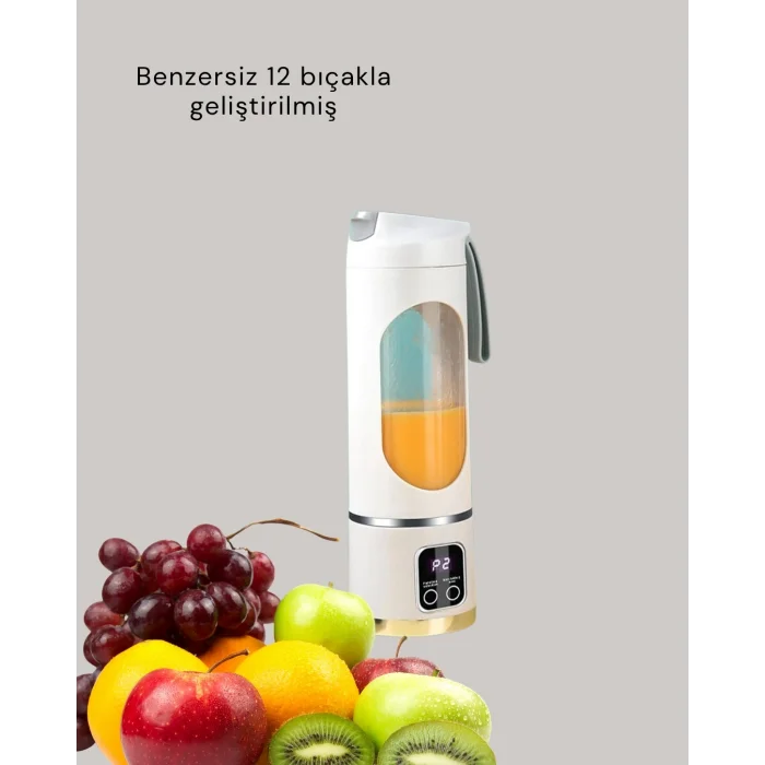 BUĞZ 450 ml Taşınabilir Blender – Tip-C Şarjlı 12 Bıçaklı Meyve Sıkacağı