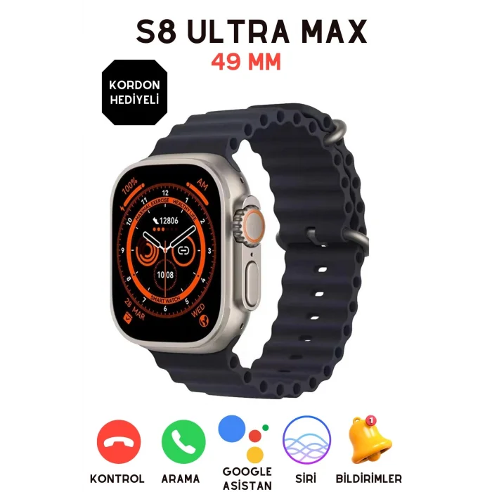 BUĞZ 49mm Ekranlı, Nabız ve Uyku Takibi Yapabilen, Suya Dayanıklı Akıllı Saat - Siyah Silikon Kordon