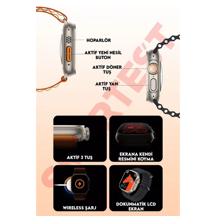 BUĞZ 49mm Gümüş Kasa Kilitli Vidalı Turuncu Silikon Kordon SIM Kartlı GPS Nabız Sensörlü Akıllı Saat