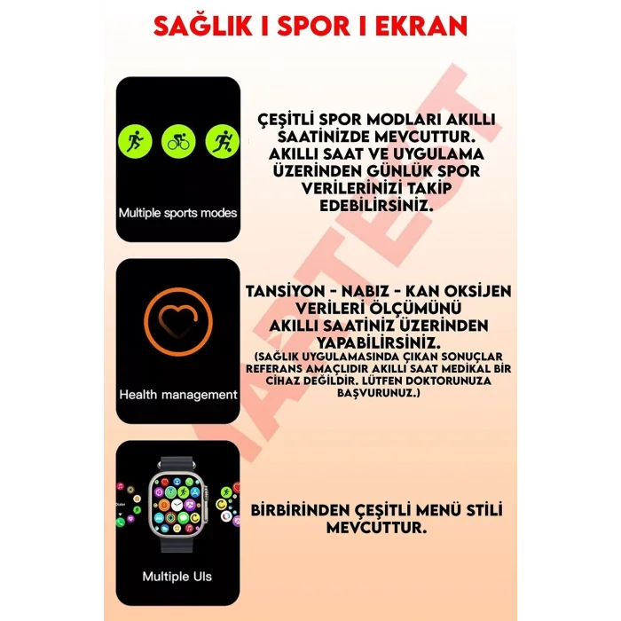 BUĞZ 49mm Gümüş Kasa Kilitli Vidalı Turuncu Silikon Kordon SIM Kartlı GPS Nabız Sensörlü Akıllı Saat