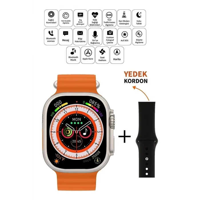 BUĞZ 49mm Gümüş Kasa ve Turuncu Çelik Kordonlu Akıllı Saat - Nabız, GPS, Uyku Takibi Özellikli