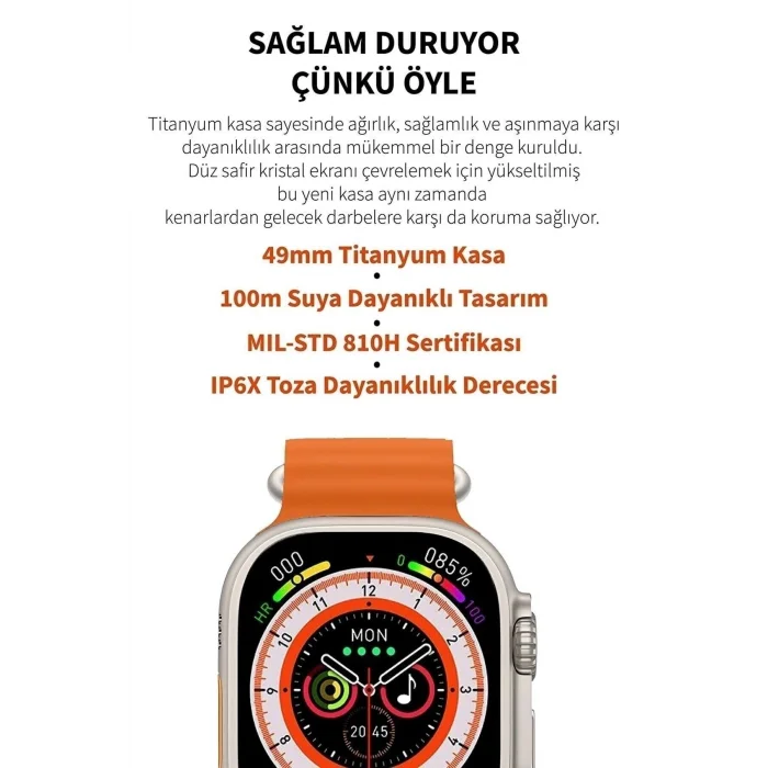 BUĞZ 49mm Gümüş Kasa ve Turuncu Çelik Kordonlu Akıllı Saat - Nabız, GPS, Uyku Takibi Özellikli