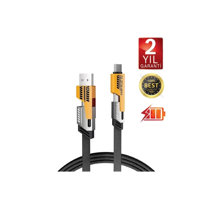  4in1 PD 65 Watt Type-C/27 Watt iPhone Halat Örgü Kırılmaz Uç 1MT Hızlı Şarj ve Data Kablosu fp98