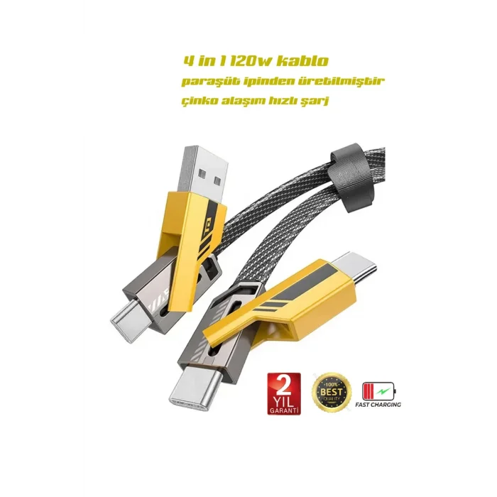  4in1 PD 65 Watt Type-C/27 Watt iPhone Halat Örgü Kırılmaz Uç 1MT Hızlı Şarj ve Data Kablosu fp98