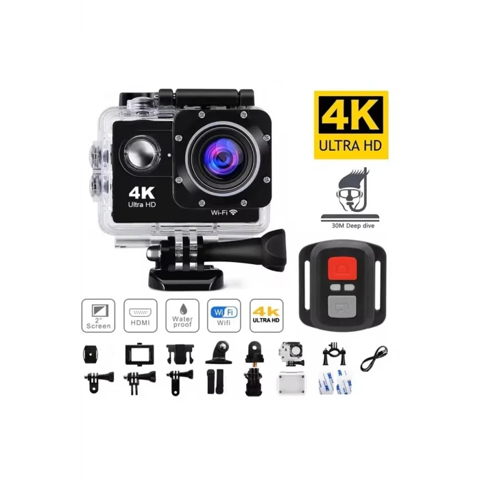 BUĞZ 4K çözünürlüklü su geçirmez aksiyon kamerası kumandalı siyah wireless fotoğraf çekimi
