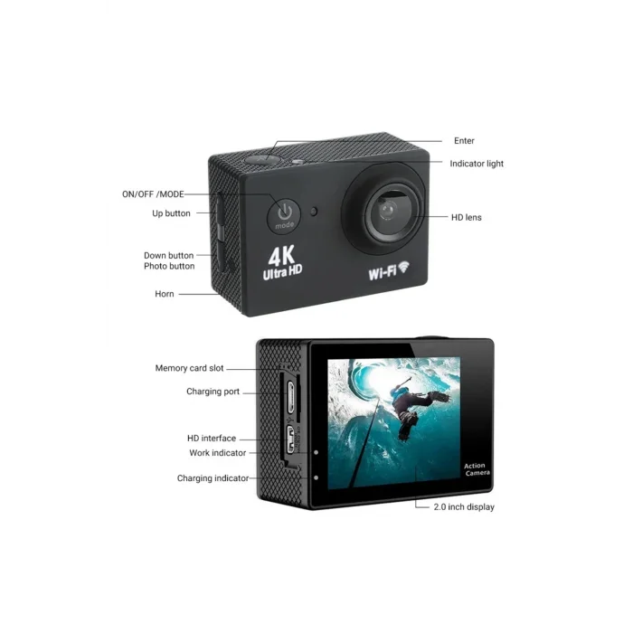 BUĞZ 4K çözünürlüklü su geçirmez aksiyon kamerası kumandalı siyah wireless fotoğraf çekimi