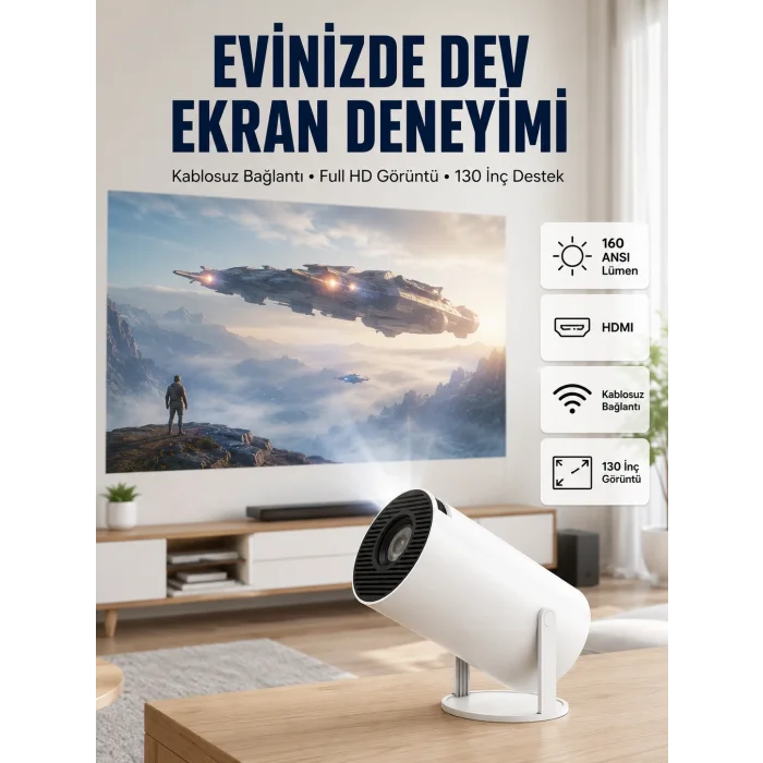 BUĞZ 4K Uyumlu 130 İnç Full HD Projeksiyon Cihazı ve Kablosuz Aktarım Özelliği