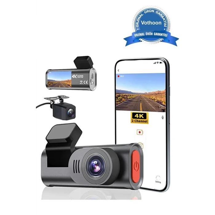 BUĞZ 4k Wifi Çift Kameralı Araç Kamerası Gece Görüşlü G-sensörlü Dash Cam 170 Derece