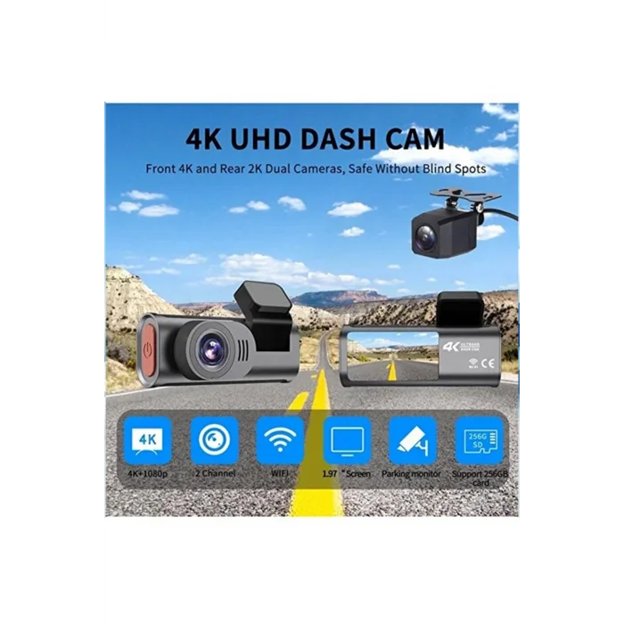 BUĞZ 4k Wifi Çift Kameralı Araç Kamerası Gece Görüşlü G-sensörlü Dash Cam 170 Derece