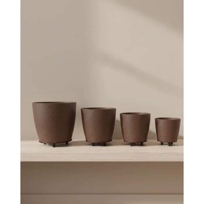 BUĞZ 4’lü 3D Kahverengi Dekoratif Vazo Seti Modern Ayaklı Şık Saksı Takımı