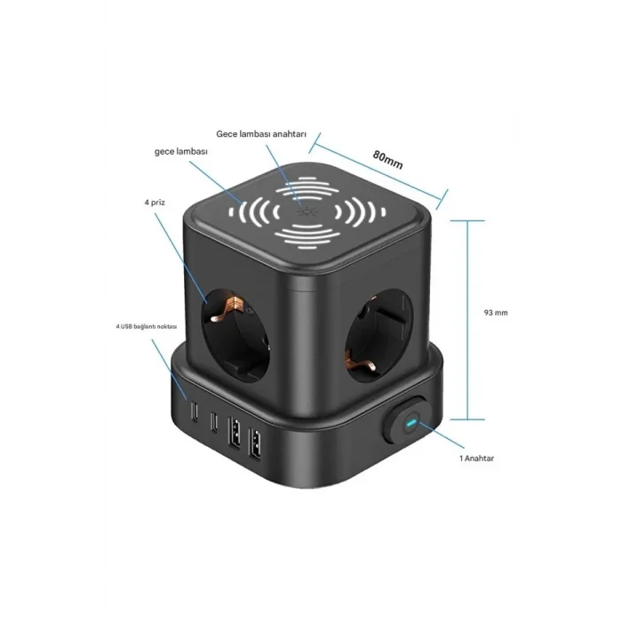 BUĞZ 4lü Akım Korumalı Priz Gece Lambalı 2xusb 2xtype-c Çıkış Yüksek Gerilim Koruma Çoklu Priz Çoğaltıcı
