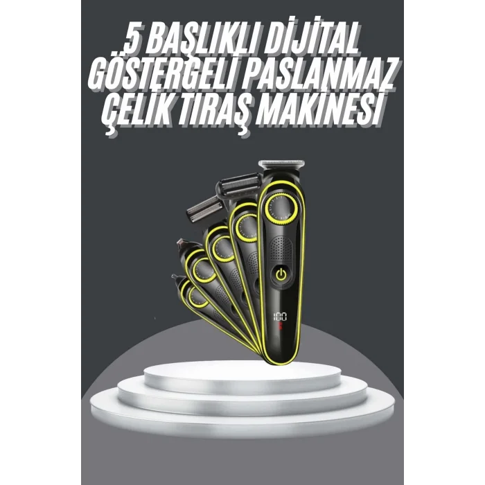  5 Başlıklı Şarjlı Tıraş Makinesi Led Ekran Saç Sakal Ense Tıraşına Uygun Bakım Seti