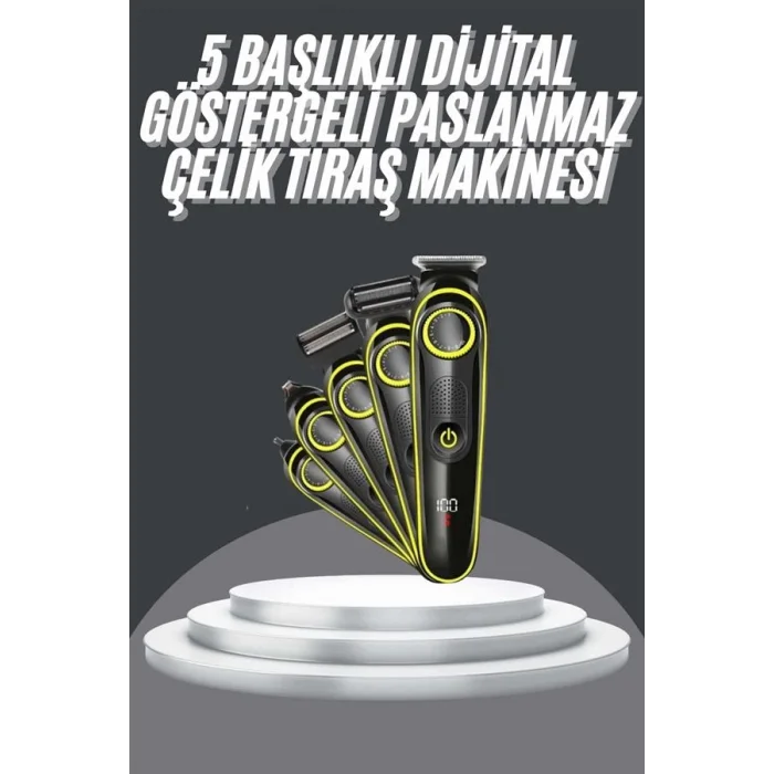 BUĞZ 5 Başlıklı Şarjlı Tıraş Makinesi Led Ekran Saç Sakal Ense Tıraşına Uygun Bakım Seti - Lisinya