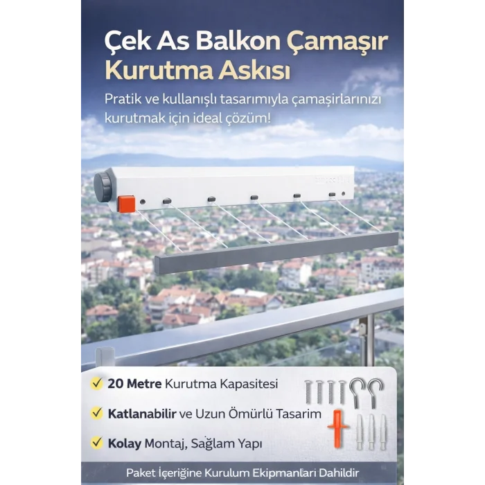 BUĞZ 5 İpli Çamaşırlık, Çek As, Ger As, 20 Metre Uzunluk, Kolay Kurulum, Ergonomik