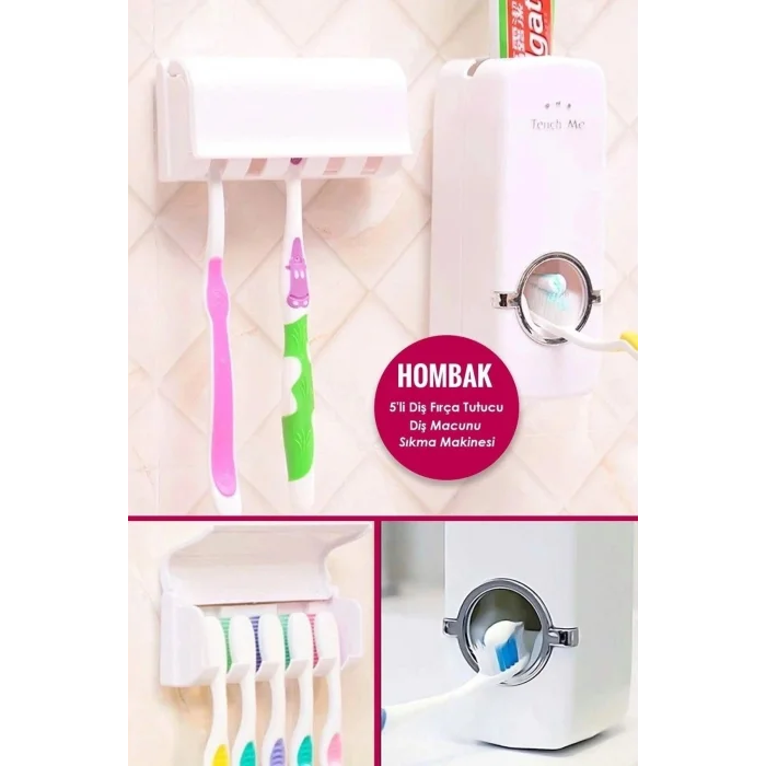 BUĞZ 5li Diş Fırçalık Macun Sıkıcı Seti Duvara Monte Beyaz Hijyenik Pratik Organizer