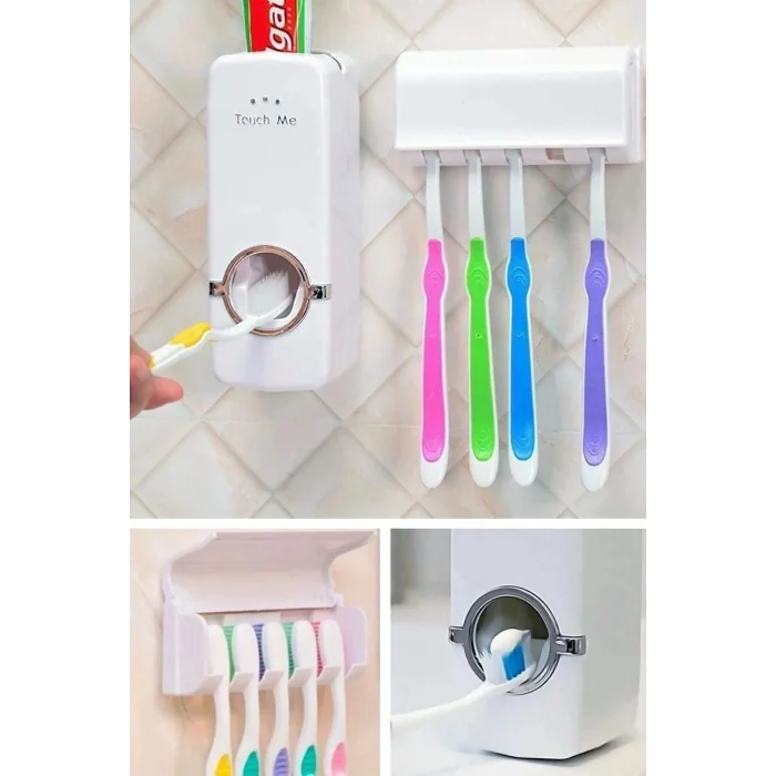 BUĞZ 5li Diş Fırçalık Macun Sıkıcı Seti Duvara Monte Beyaz Hijyenik Pratik Organizer