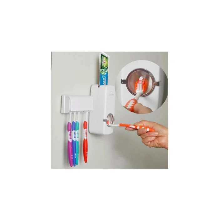 BUĞZ 5li Diş Fırçalık ve Otomatik Macun Sıkacağı Duvar Askılı Beyaz Pratik Banyo Seti
