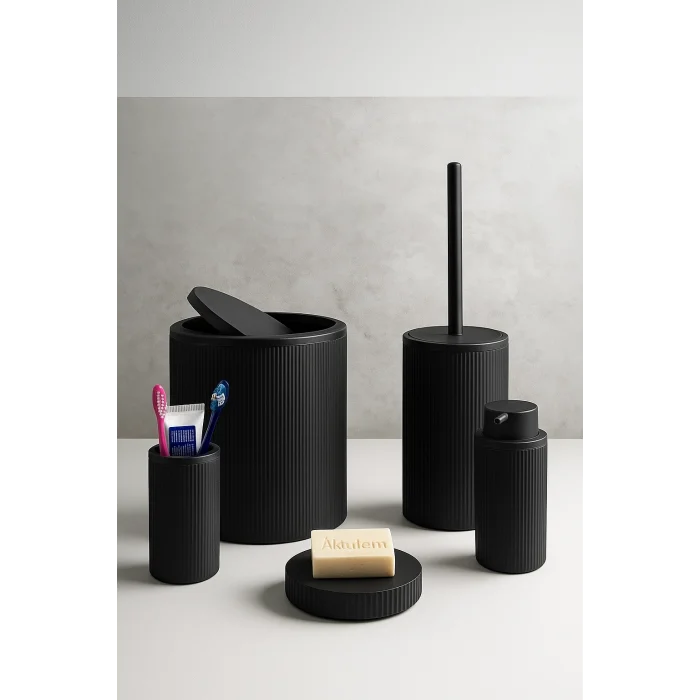 BUĞZ 5li Eco Banyo Seti Çöp Kovası Tuvalet Fırçası Sabunluk Diş Fırçalık 5 Parça Siyah Çizgili Yuvarlak