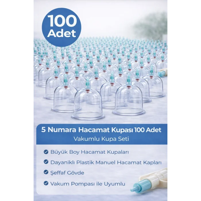 BUĞZ 5 Numara Hacamat Kupası 100 Adet Vakumlu Kupa Seti – Manuel Pompa Uyumlu Şeffaf Plastik Büyük Boy Hacamat Kabı