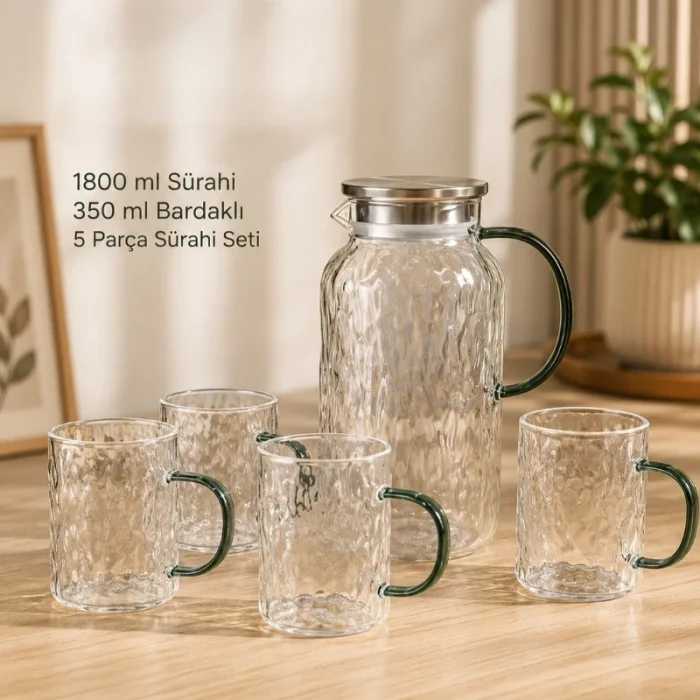 BUĞZ Kulplu 1800 ml Cam Sürahi Ve 350 ml 4 Bardak Seti - 5 Parça Şeffaf BX-313586