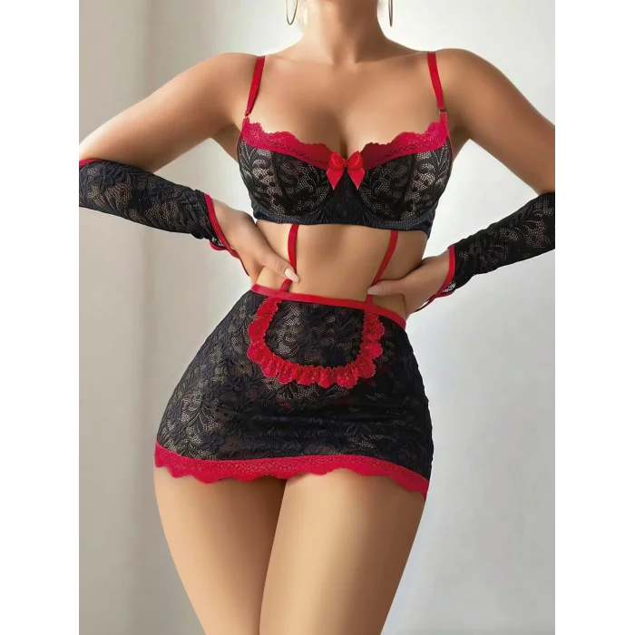 BUĞZ 5 parça Kırmızı Siyah Dantel Çiçek Desen Hizmetçi Model Özel Fantezi Tanga Hediyeli 2043