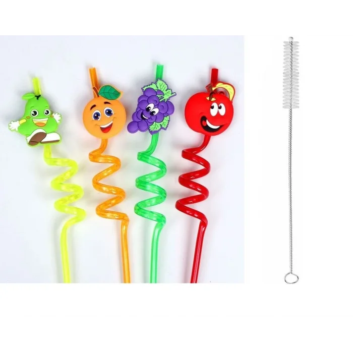 BUĞZ 5 Parça Renkli Pipet Seti - Emojili Spiral Kokteyl- Çocuk Pipeti Temizleme Fırçalı