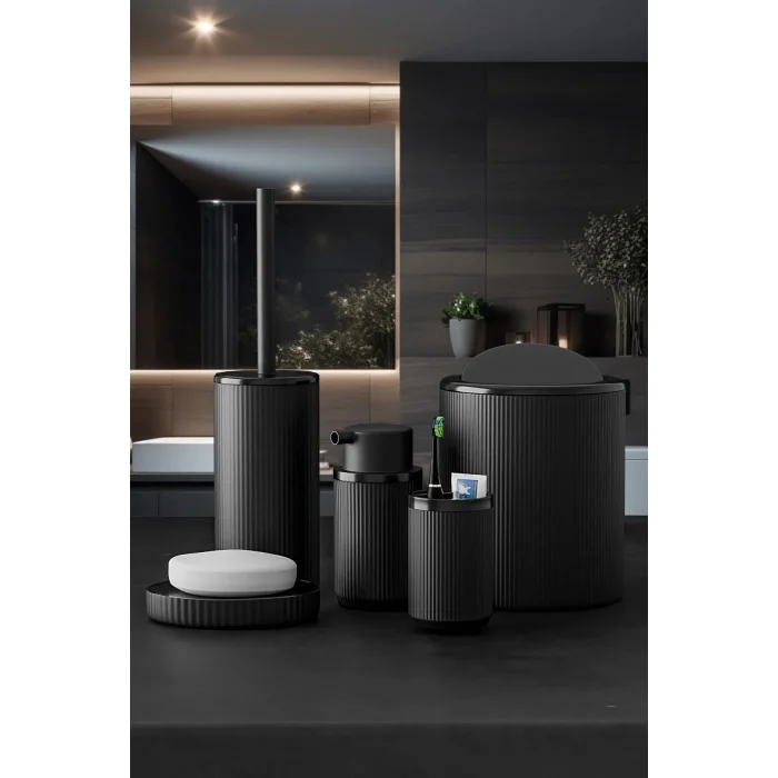  5 Parça Siyah Çizgili Yuvarlak 5li Eco Banyo Seti Çöp Kovası Tuvalet Fırçası Sabunluk Diş Fırçalık