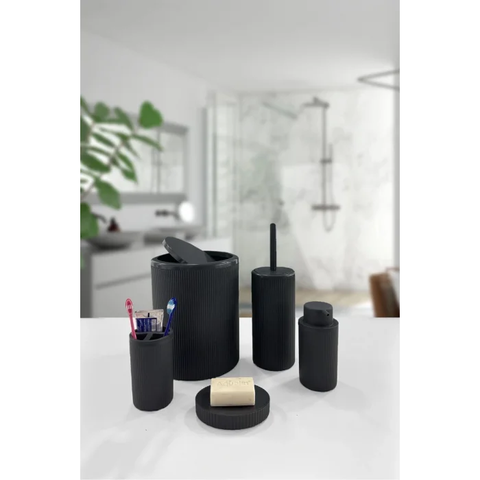  5 Parça Siyah Çizgili Yuvarlak 5li Eco Banyo Seti Çöp Kovası Tuvalet Fırçası Sabunluk Diş Fırçalık