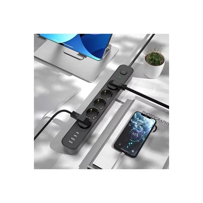 BUĞZ 5 Prizli Akım Korumalı Uzatma Kablosu | 2xusb-a + 2xusb-c | 3680w - 2m Kablo