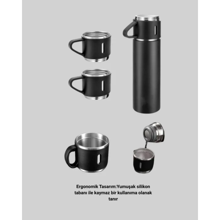 BUĞZ 500 ml Isı Korumalı Çelik Termos ve Bardak Seti | Silikon Tabanlı, Şık ve Pratik