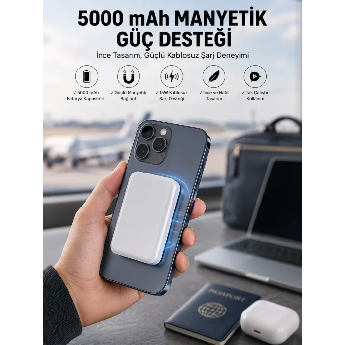 BUĞZ 5000 Mah İOS Uyumlu Magsafe Kablosuz Şarj Hızlı Şarj Desteği