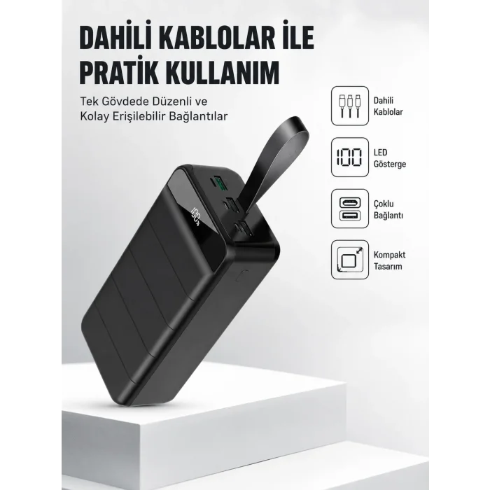 BUĞZ 50.000 mAh Kapasiteli Powerbank – Hızlı Şarj Destekli, 4 USB Portlu, LED Işıklı Taşınabilir Enerji Deposu