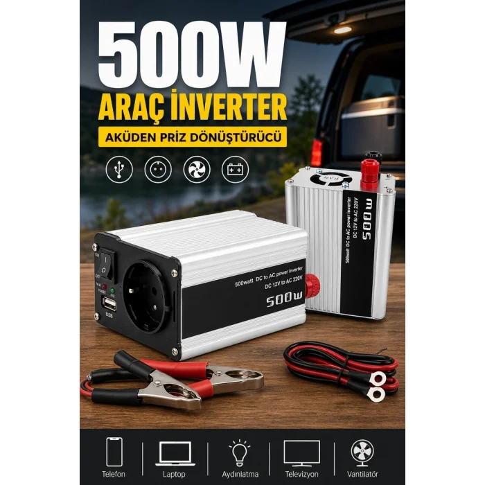 BUĞZ 500W 12V DC 220V AC İnverter USB Çıkışlı Fanlı Akü Güç Dönüştürücü Araç Kullanımı