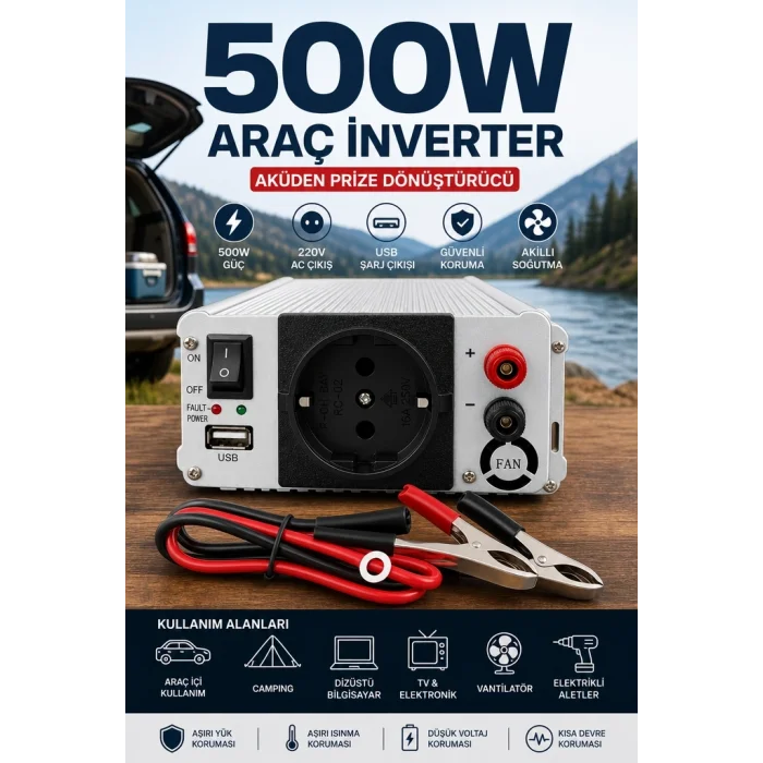BUĞZ 500W 12V DC 220V AC İnverter USB Çıkışlı Fanlı Akü Güç Dönüştürücü Araç Kullanımı