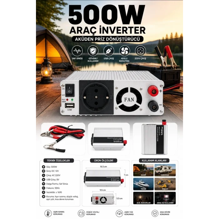 BUĞZ 500W 12V DC 220V AC İnverter USB Çıkışlı Fanlı Akü Güç Dönüştürücü Araç Kullanımı