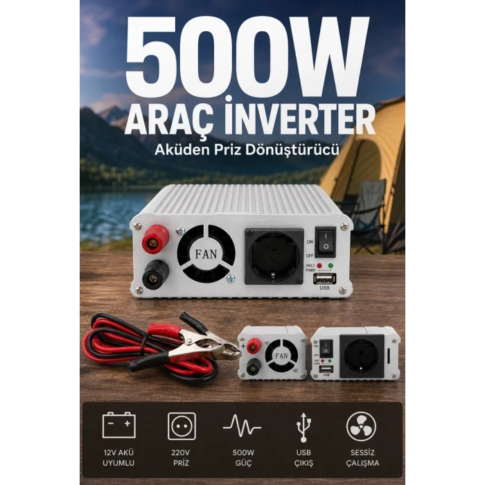 BUĞZ Araç ve Karavan İçin 500W 12V DC 220V AC USB Çıkışlı Fanlı İnverter Akü Güç Dönüştürücü