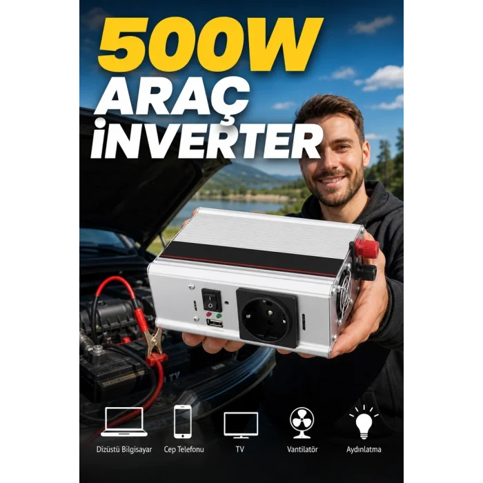 BUĞZ Araç ve Karavan İçin 500W 12V DC 220V AC USB Çıkışlı Fanlı İnverter Akü Güç Dönüştürücü