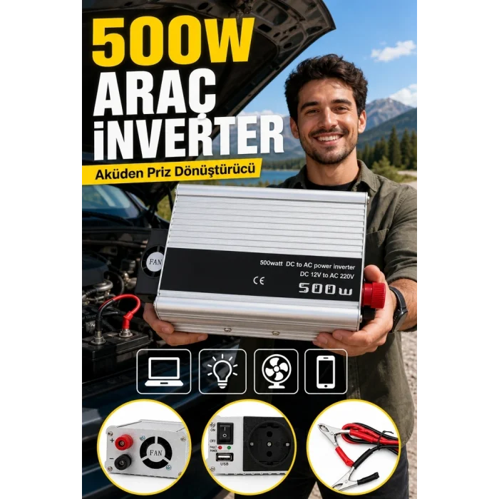 BUĞZ Araç ve Karavan İçin 500W 12V DC 220V AC USB Çıkışlı Fanlı İnverter Akü Güç Dönüştürücü