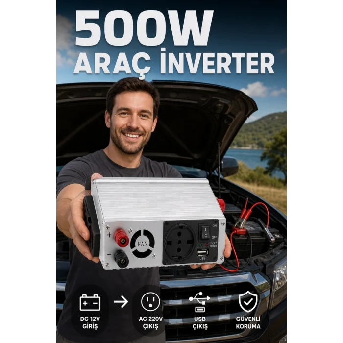 BUĞZ Araç ve Karavan İçin 500W 12V DC 220V AC USB Çıkışlı Fanlı İnverter Akü Güç Dönüştürücü
